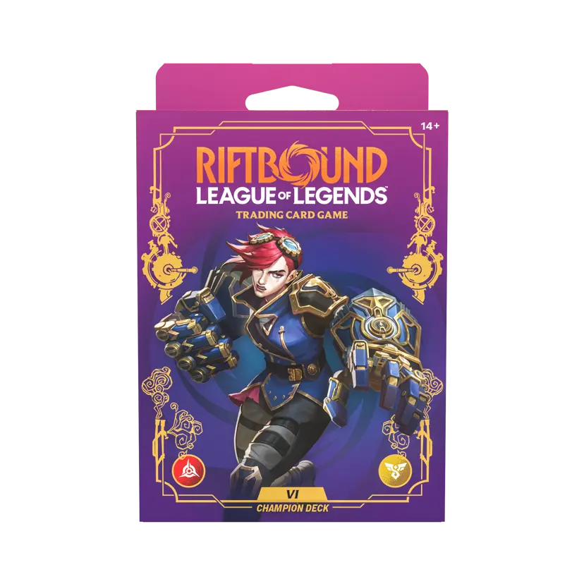 Riftbound: Unleashed Vi Champion Deck by UVS Games featuring colorful card artwork and game components on a white background.