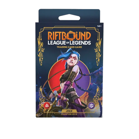 Riftbound Jinx Champion Deck from UVS Games, featuring colorful card artwork and game components for Riot Games' League of Legends.