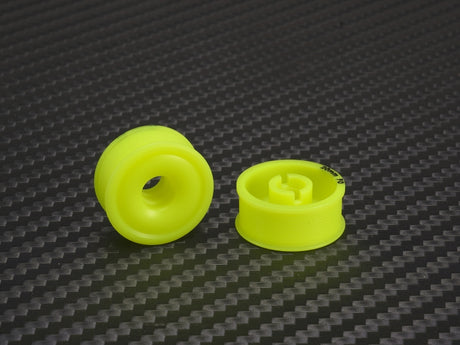 PN Racing 8.5x20mm flanged yellow wheel with 0 offset, designed for RC cars, shown in a detailed close-up image