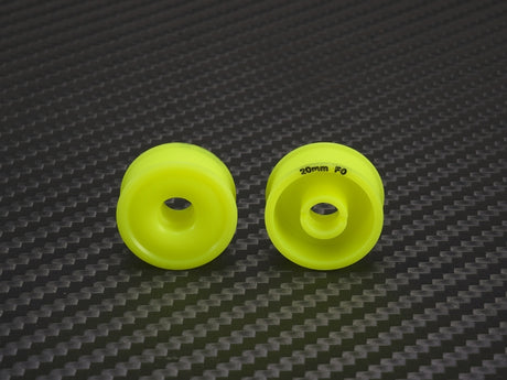 PN Racing 8.5x20mm flanged yellow wheel with 0 offset, designed for RC cars, shown in the image.