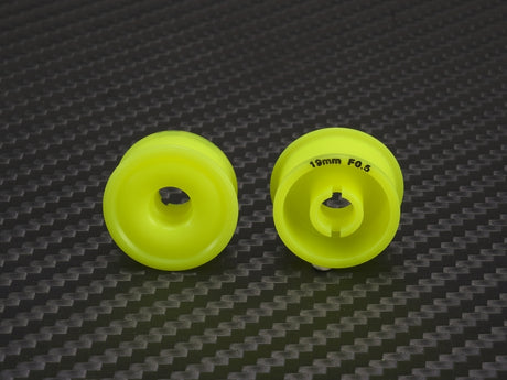 PN Racing Delrin flanged wheel, 8.5x19mm size, yellow color, designed for RC cars with precise machining and durable material.