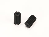 Two PN Racing Delrin 64P long pinion gears for RC cars, showing their durable black plastic construction.