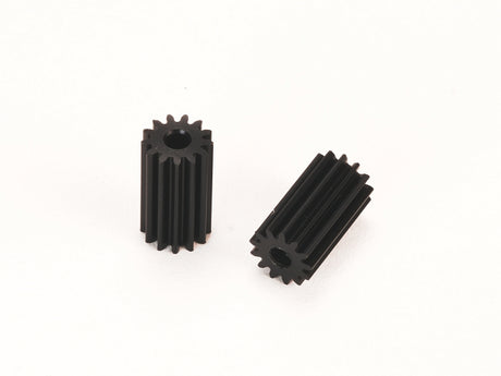 Two PN Racing Delrin 64P long pinion gears for RC cars, showing their durable black plastic construction.