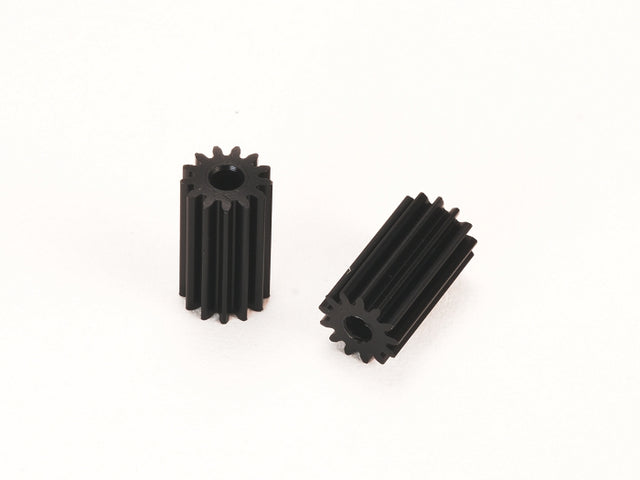 Two PN Racing Delrin 64P long pinion gears for RC cars, showing their durable black plastic construction.