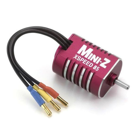 Kyosho Mini-Z XSPEED 85 brushless motor (8500KV) for RC cars, shown with compressor and motor components.