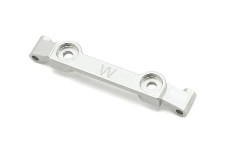 Kyosho Mini-Z MR-04 aluminum upper brace for RC car chassis reinforcement, shown in silver with mounting holes.