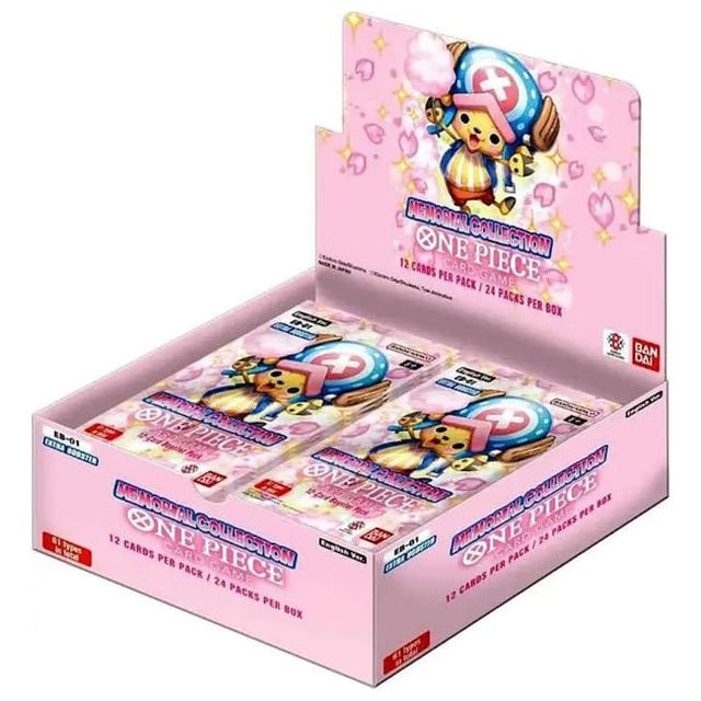 Bandai One Piece TCG Memorial Collection Booster Box with collectible trading cards featuring characters from the series.