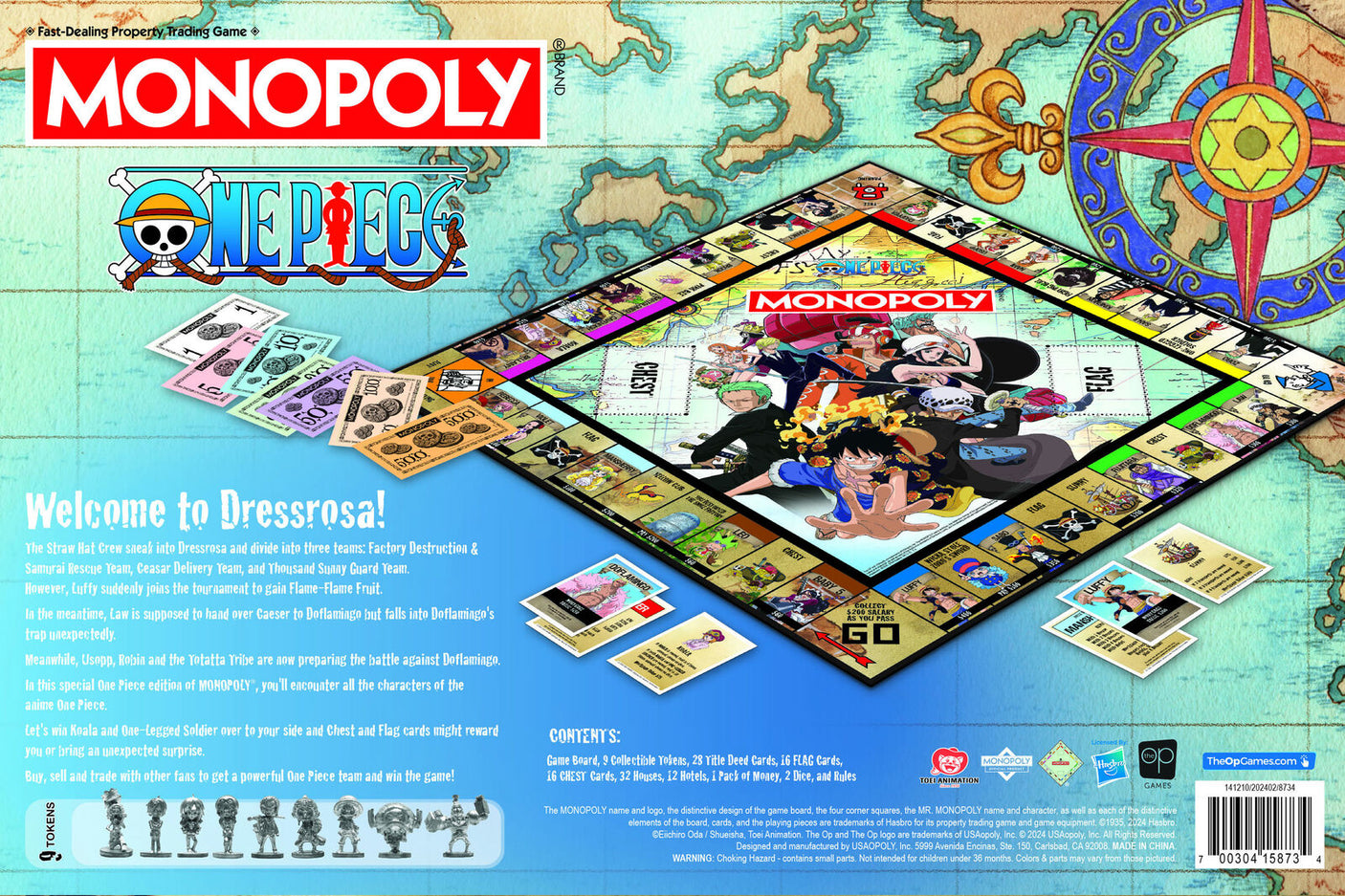Hasbro Monopoly: One Piece board game featuring One Piece characters and game board with colorful design and game pieces.