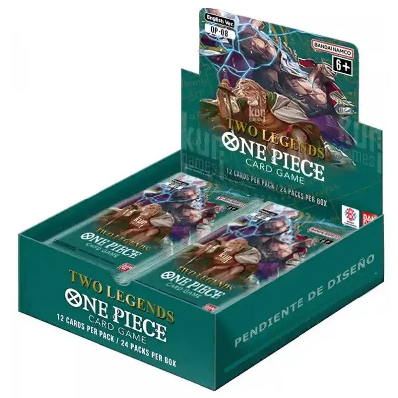 Bandai One Piece TCG Two Legends Booster Box OP-08 featuring colorful collectible trading cards in vibrant packaging.