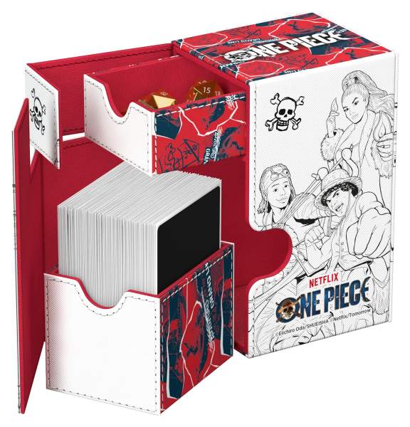 Ultimate Guard One Piece Flip'n'Tray 80+ card storage tray with a black and gray design for organizing trading cards.