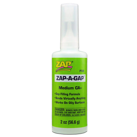 Zap Zap-A-Gap CA+ Glue in medium green tube, close-up of the applicator tip with the brand logo visible.