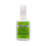 Zap Zap-A-Gap CA+ Glue in medium green bottle, close-up of the adhesive applicator tip and label on the plastic container.