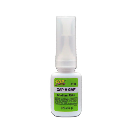 Zap Zap-A-Gap CA+ Glue Medium bottle with green cap, quick-adhesion cyanoacrylate adhesive for precise bonding.
