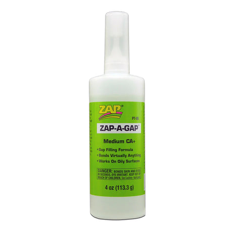 Zap Zap-A-Gap CA+ Glue medium bottle with green cap and label, ideal for quick adhesive bonding and precise application.