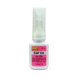 Thin pink CA glue by Zap, showing a close-up of the clear adhesive bottle with pink cap and label.
