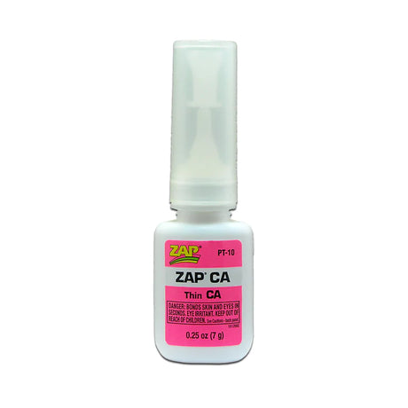 Thin pink CA glue by Zap, showing a close-up of the clear adhesive bottle with pink cap and label.