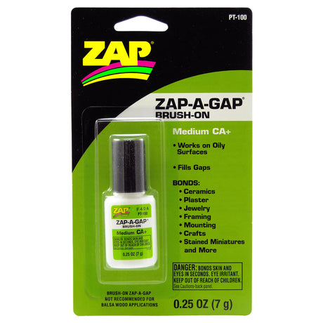 Zap Zap-A-Gap CA+ Medium Green Glue bottle with label, showcasing the adhesive's packaging and product details.