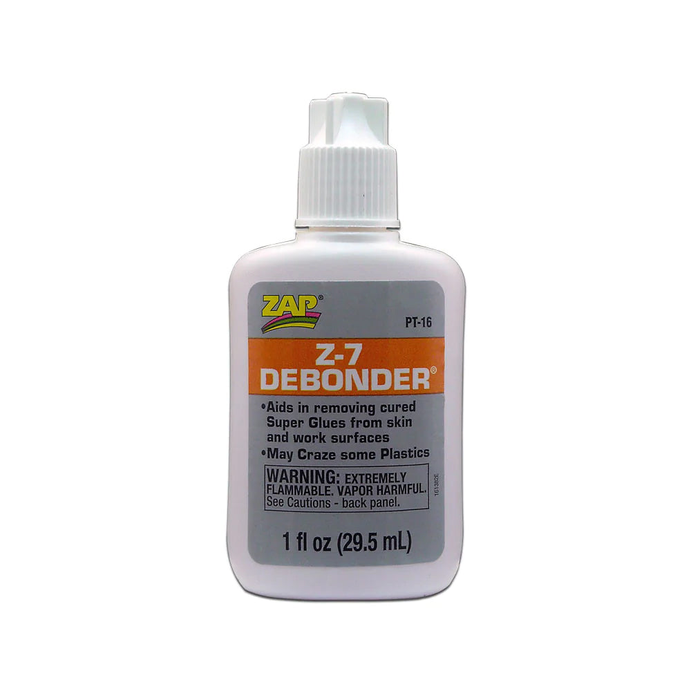 Zap CA Debonder 1oz bottle with clear liquid, used for removing cyanoacrylate glue from surfaces and skin.