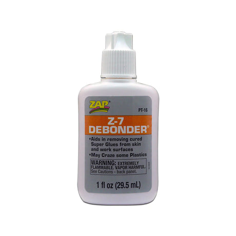 Zap CA Debonder 1oz bottle with clear liquid, used for removing cyanoacrylate glue from surfaces and skin.
