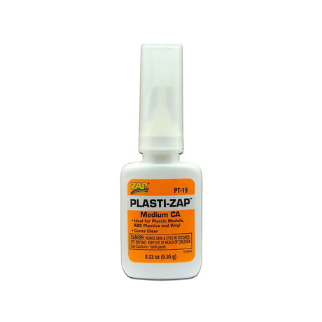 Zap Plasti-Zap CA super glue bottle with applicator tip, 1/3oz plastic adhesive for repairs and bonding.
