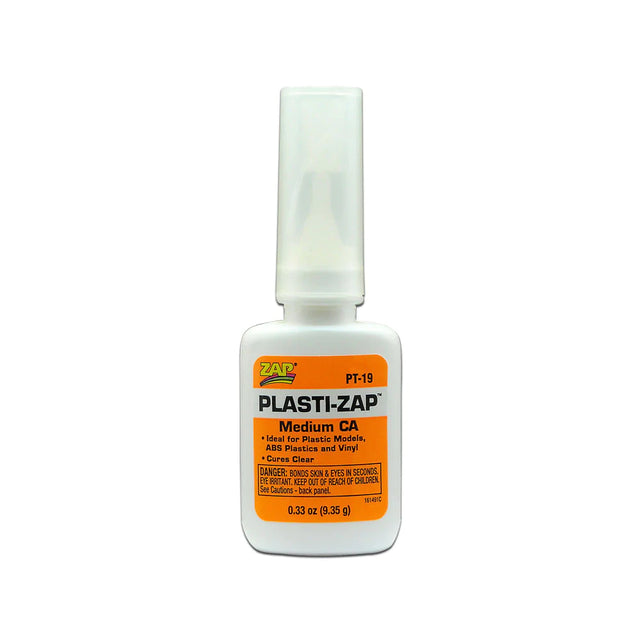 Zap Plasti-Zap CA super glue bottle with applicator tip, 1/3oz plastic adhesive for repairs and bonding.