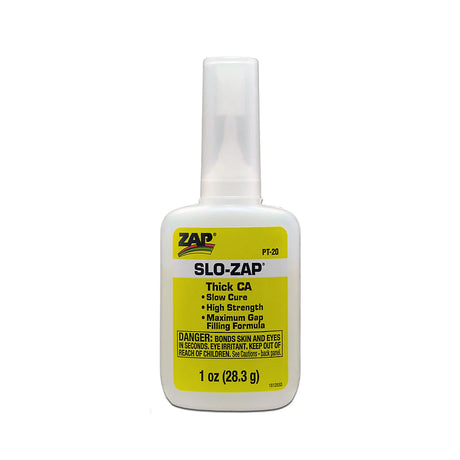 Yellow thick Zap Slo-Zap CA adhesive bottle with applicator tip for strong, fast bonding of crafts and repairs.