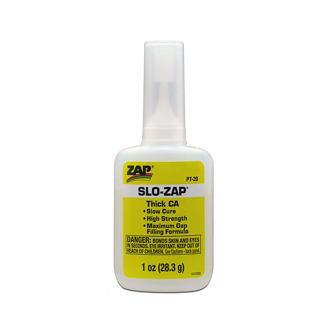 Yellow thick Zap Slo-Zap CA adhesive bottle with applicator tip for strong, fast bonding of crafts and repairs.