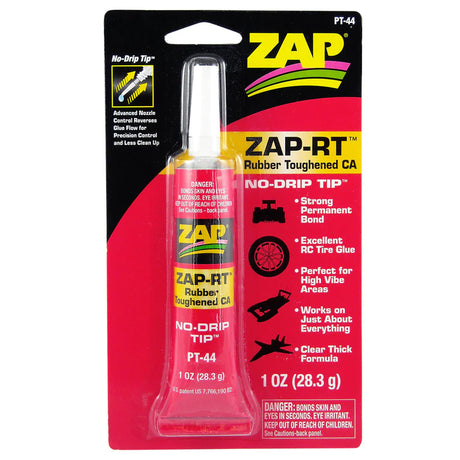 Zap ZAP-RT Rubber Toughened CA glue in a small applicator bottle with a clear nozzle for precise bonding.