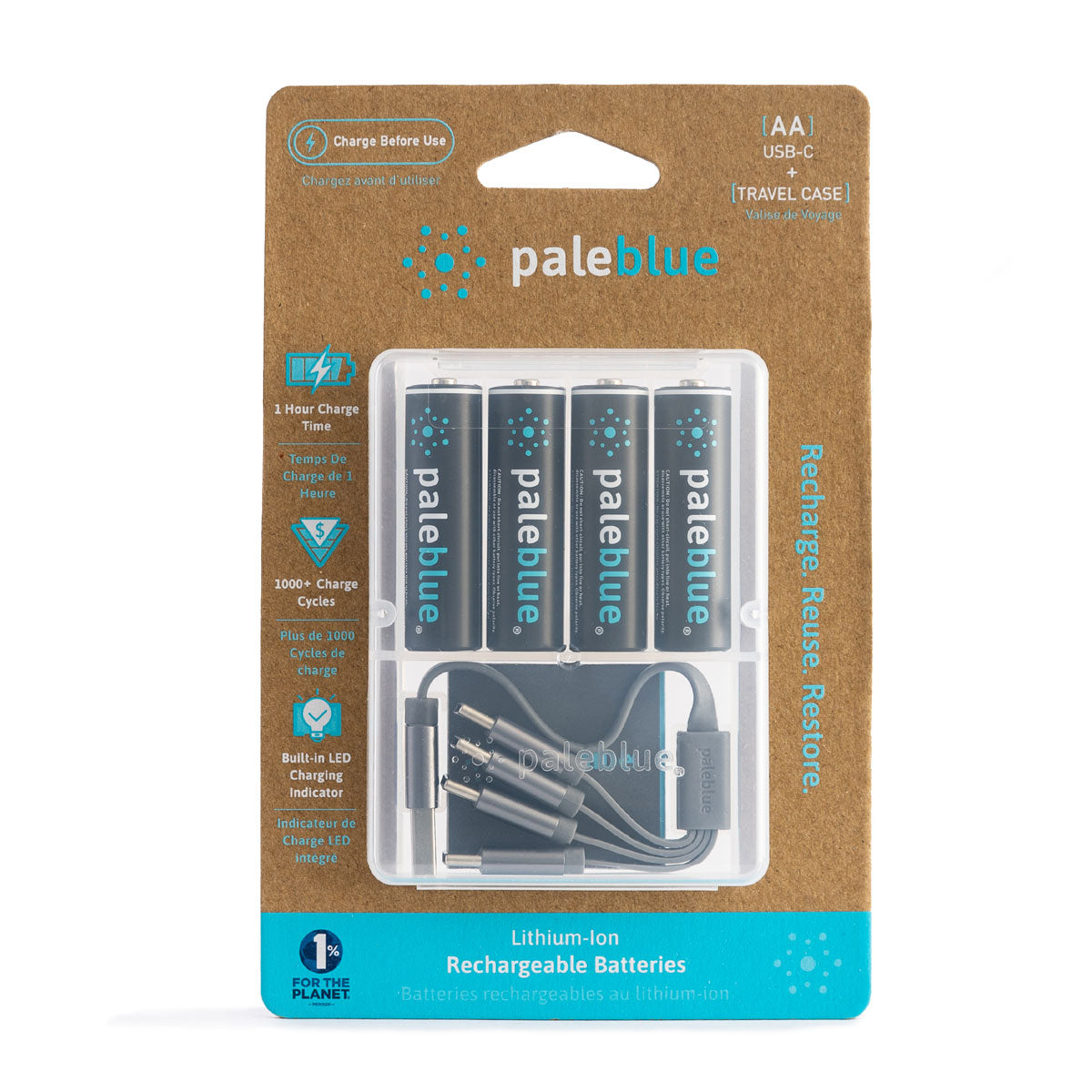 Pale Blue lithium-ion rechargeable AA batteries, 4-pack, with blue and white packaging and visible brand logo.
