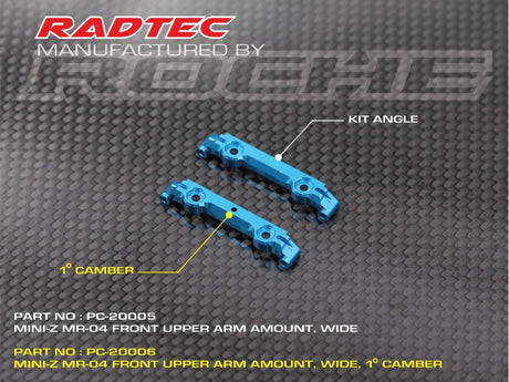Black Radtec RC Mini-Z MR04 wide front upper arm mount for RC cars, shown in a close-up view.