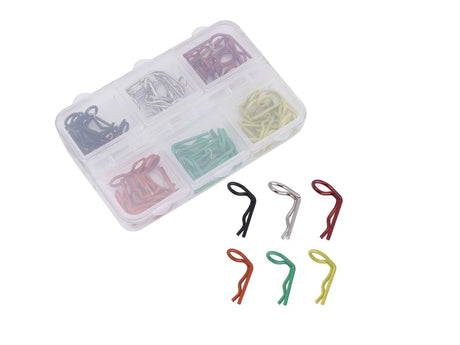 Powerhobby 90-degree RC car body clips, set of 60, displayed in a close-up image showing durable metal construction.