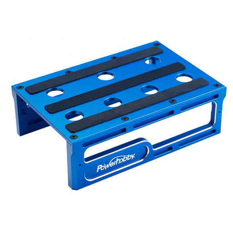 Blue Powerhobby metal RC car stand supporting 1/10 and 1/8 scale vehicles, sturdy and durable for remote control car maintenance.