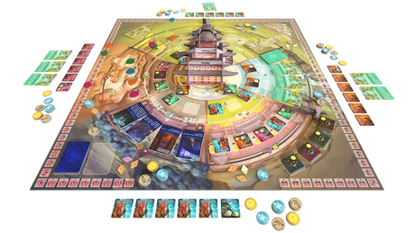 Ryozen board game by Tabula Games featuring detailed artwork of game components and colorful game pieces on a wooden table