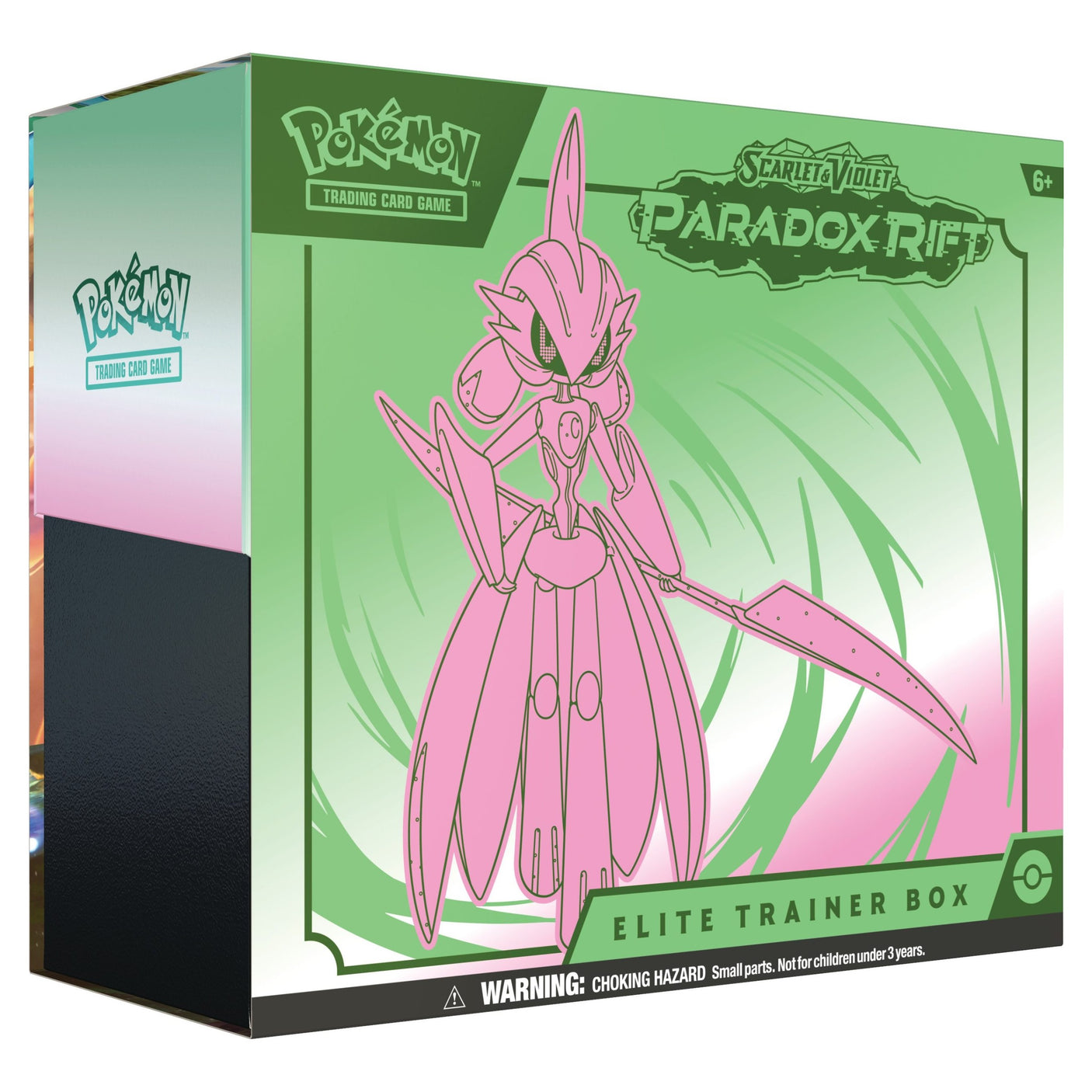 Pokémon Paradox Rift Elite Trainer Box for Pokémon TCG, featuring booster packs, card sleeves, and accessories in vibrant packaging.