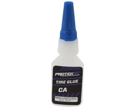 ProTek RC Thin Tire Glue 0.7oz bottle, clear adhesive for RC tire repairs, with applicator tip for precise bonding.