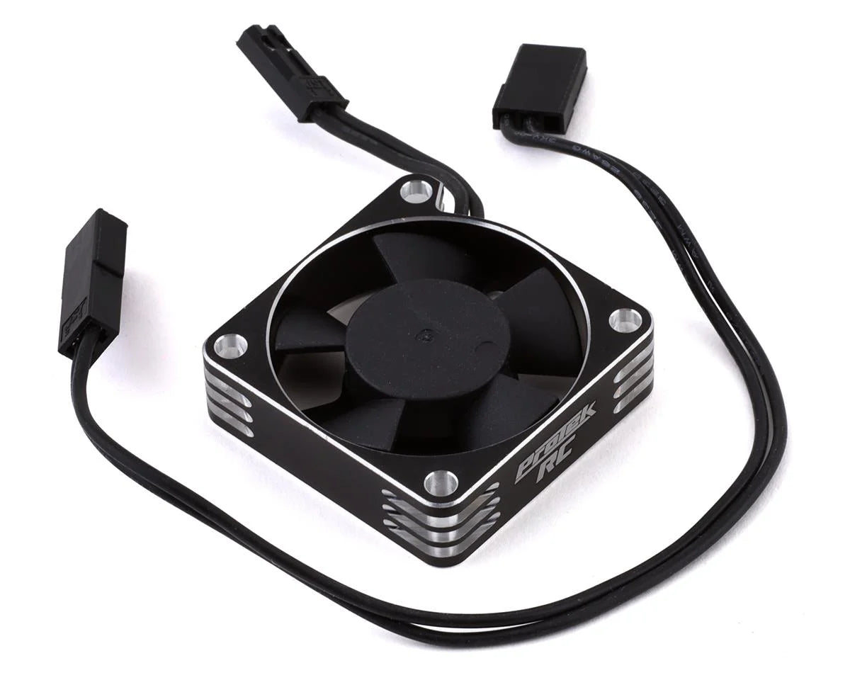 ProTek RC 35x35x10mm aluminum high-speed HV cooling fan for RC cars, silver and black color, with mounting screws visible