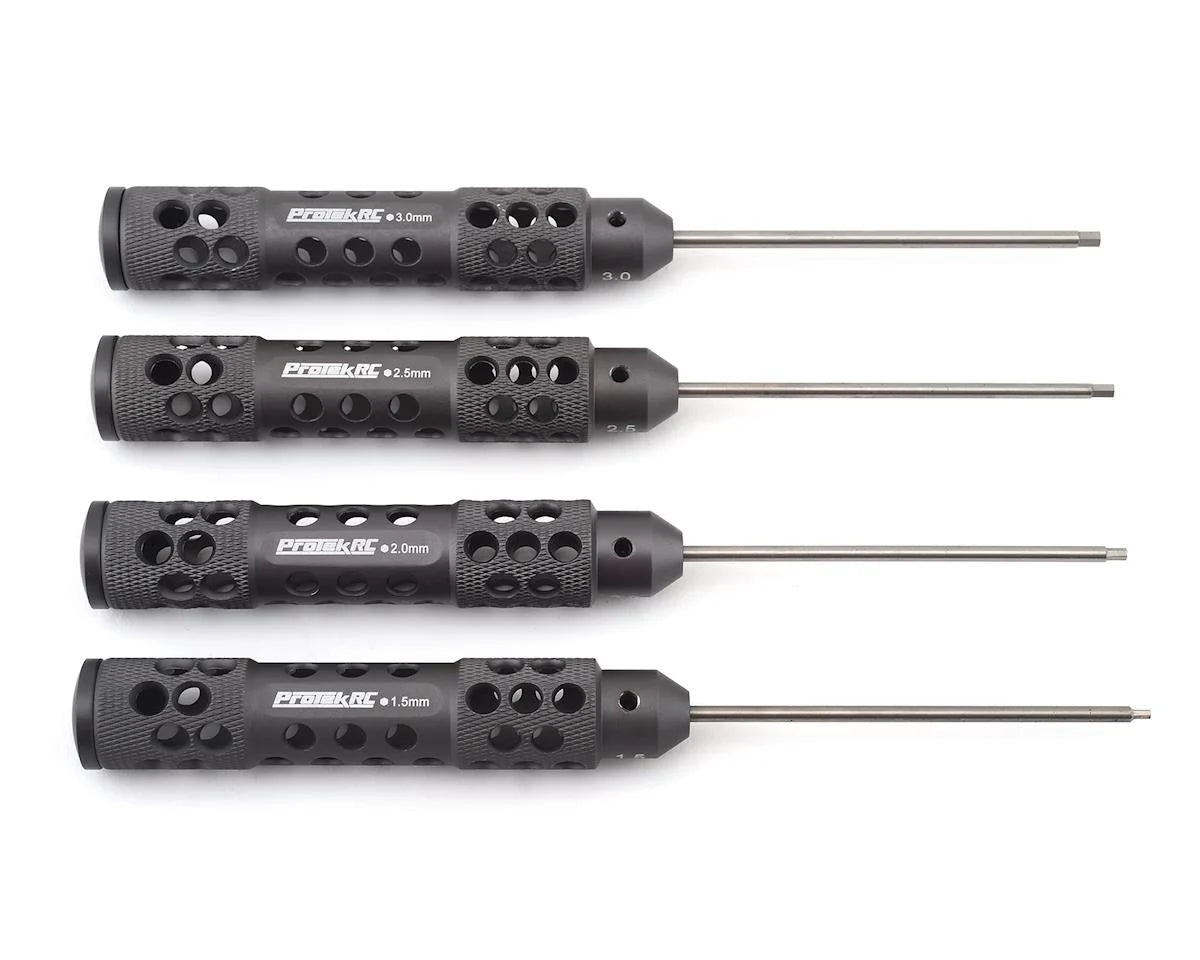 ProTek RC TruTorque SL metric hex driver set with 1.5, 2, 2.5, and 3mm hex screwdrivers on a black and orange tool handle