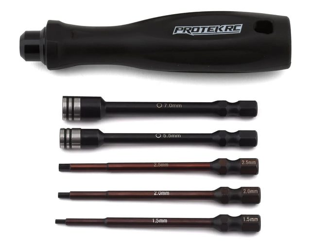 ProTek RC TruTorque 5-piece metric drive hex and nut driver set with ergonomic handles and precision tips for RC hobbyists.