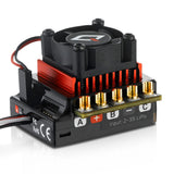 Hobbywing QUICRUN 10BL120 Sensored G2 ESC for RC cars, showing the compact black electronic speed controller with wiring connections.