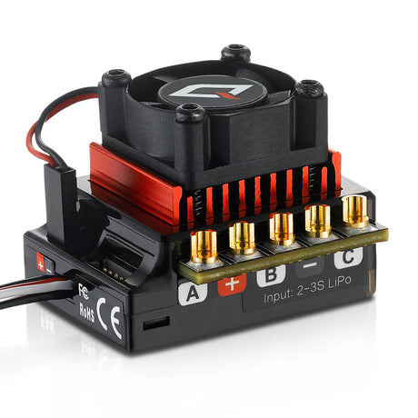 Hobbywing QUICRUN 10BL120 Sensored G2 ESC for RC cars, showing the compact black electronic speed controller with wiring connections.