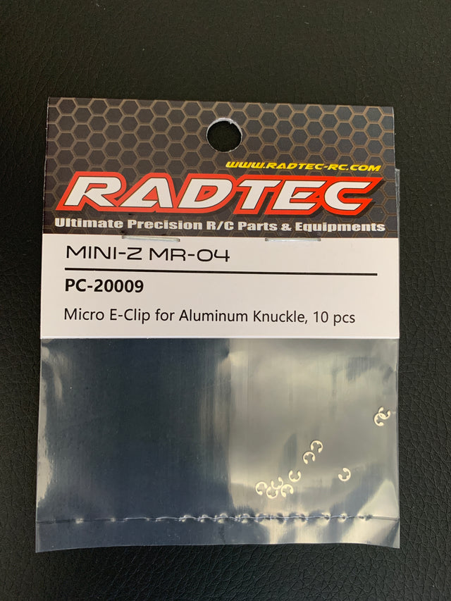 Set of 10 Radtec RC Mini-Z MR04 micro E-clips for aluminum knuckles, shown in a close-up image.