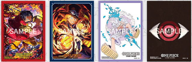 Bandai One Piece TCG official sleeves set with 12 colorful card sleeves featuring One Piece characters.
