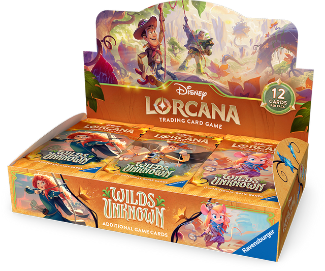 Lorcana TCG Wilds Unknown booster box with colorful card artwork and packaging, featuring fantasy-themed illustrations.