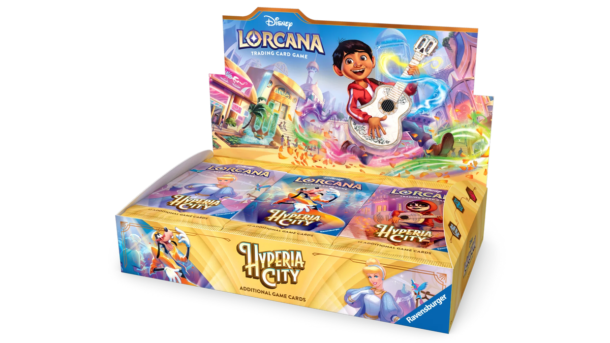 Lorcana TCG Hyperia City Booster Box with colorful booster packs featuring fantasy artwork for collectible card game.