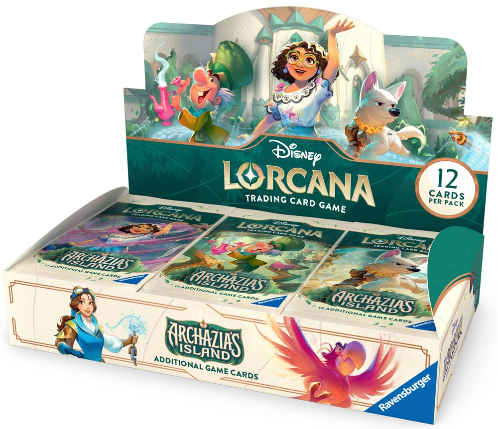 Lorcana TCG Archazia's Island Booster Box showing colorful booster packs and packaging on a white background.