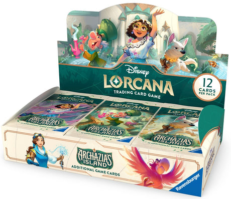 Lorcana TCG Archazia's Island Booster Box showing colorful booster packs and packaging on a white background.