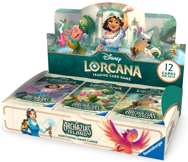 Lorcana TCG Archazia's Island Booster Box showing colorful booster packs and packaging on a white background.