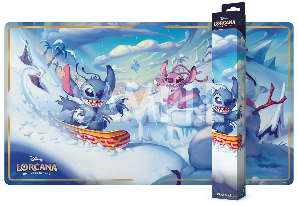 Lorcana TCG Hyperia City Snowboarding Snitch Playmat featuring vibrant snowy cityscape design and snowboarding snitch illustration.