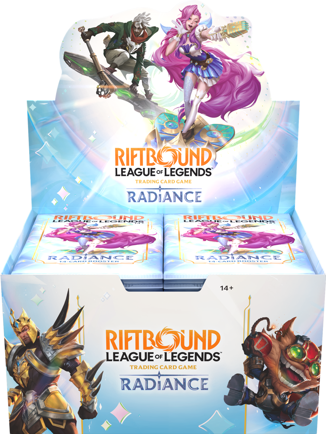Riftbound: Radiance Booster Box by UVS Games showing colorful booster packs and game cards on a table.