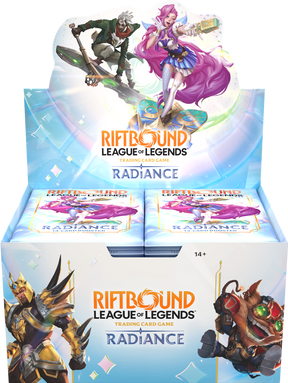 Riftbound: Radiance Booster Box by UVS Games showing colorful booster packs and game cards on a table.